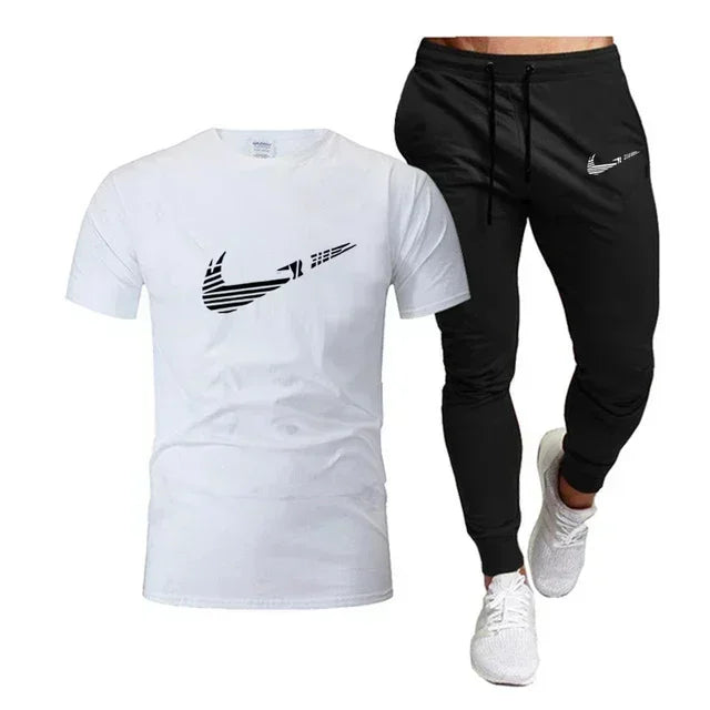 2025 Summer Sports Men's Jogging Pure cotton T-shirt + thin long Pants 2-piece breathable and quick-drying set