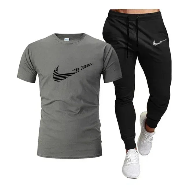2025 Summer Sports Men's Jogging Pure cotton T-shirt + thin long Pants 2-piece breathable and quick-drying set