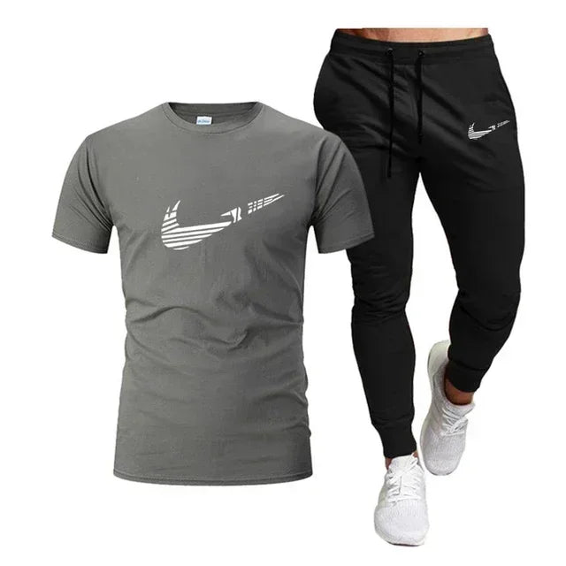 2025 Summer Sports Men's Jogging Pure cotton T-shirt + thin long Pants 2-piece breathable and quick-drying set
