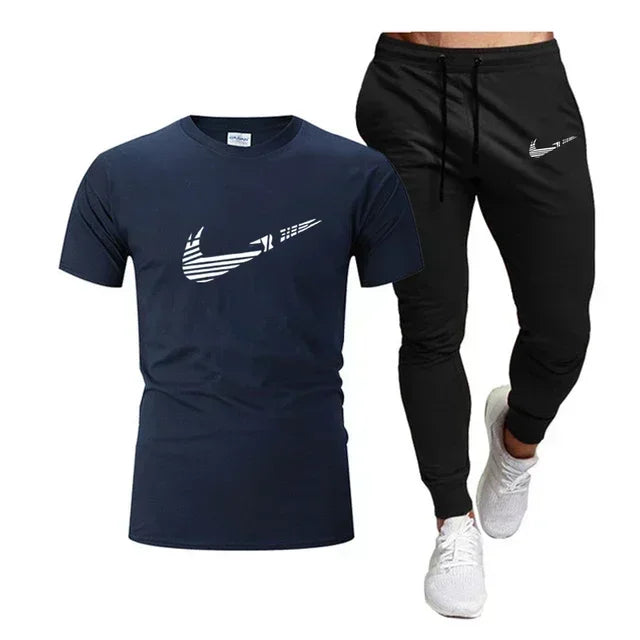 2025 Summer Sports Men's Jogging Pure cotton T-shirt + thin long Pants 2-piece breathable and quick-drying set