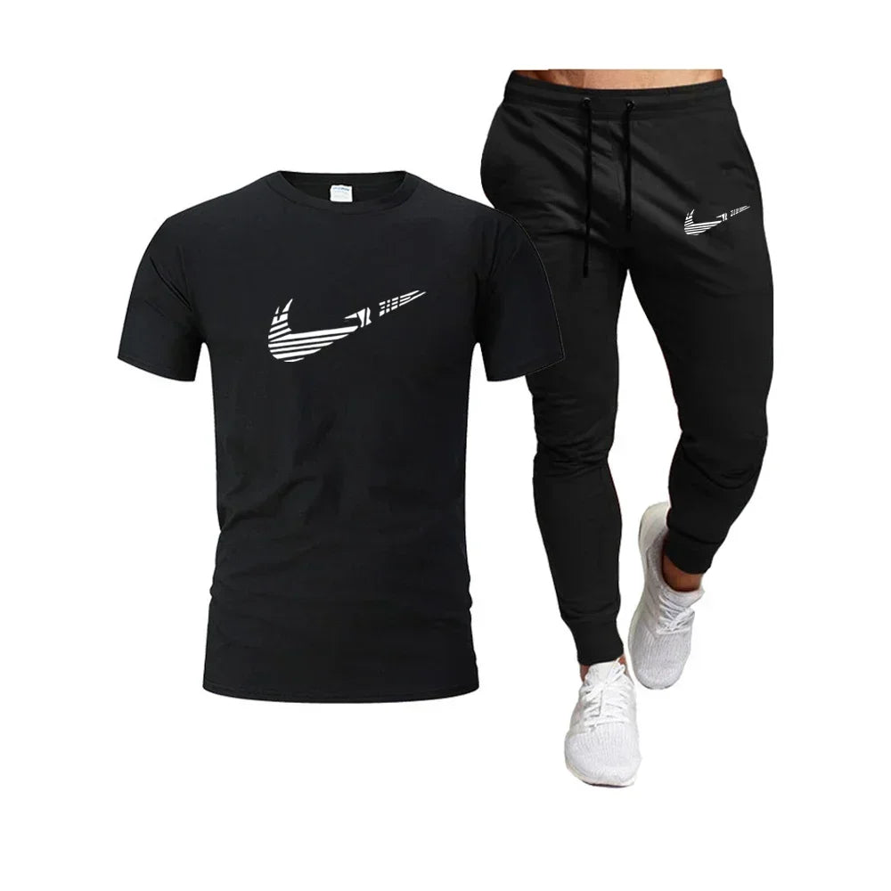 2025 Summer Sports Men's Jogging Pure cotton T-shirt + thin long Pants 2-piece breathable and quick-drying set