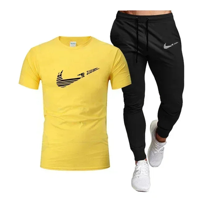 2025 Summer Sports Men's Jogging Pure cotton T-shirt + thin long Pants 2-piece breathable and quick-drying set