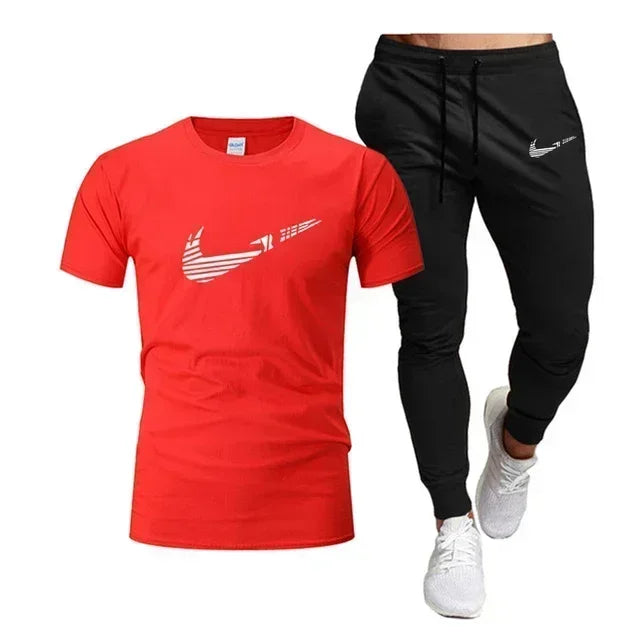 2025 Summer Sports Men's Jogging Pure cotton T-shirt + thin long Pants 2-piece breathable and quick-drying set