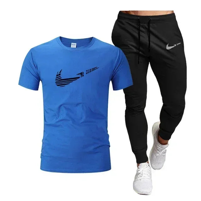 2025 Summer Sports Men's Jogging Pure cotton T-shirt + thin long Pants 2-piece breathable and quick-drying set