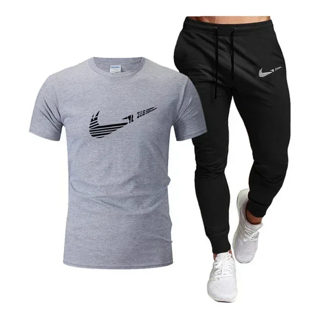 2025 Summer Sports Men's Jogging Pure cotton T-shirt + thin long Pants 2-piece breathable and quick-drying set