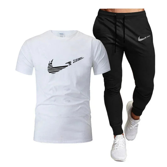 2025 Summer Sports Men's Jogging Pure cotton T-shirt + thin long Pants 2-piece breathable and quick-drying set