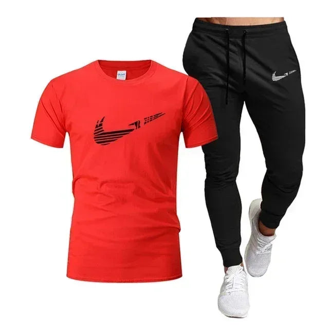 2025 Summer Sports Men's Jogging Pure cotton T-shirt + thin long Pants 2-piece breathable and quick-drying set