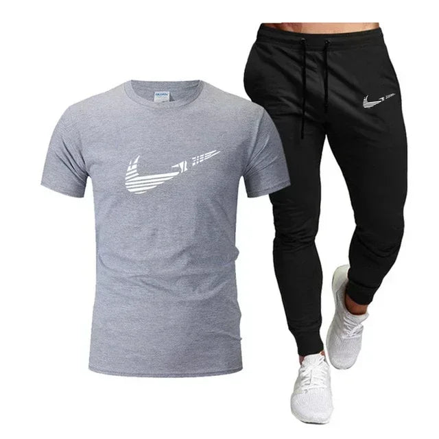 2025 Summer Sports Men's Jogging Pure cotton T-shirt + thin long Pants 2-piece breathable and quick-drying set