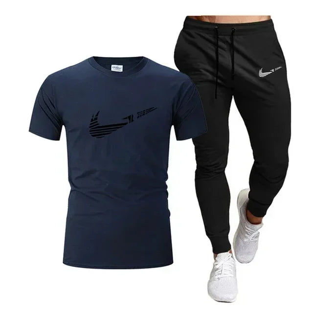 2025 Summer Sports Men's Jogging Pure cotton T-shirt + thin long Pants 2-piece breathable and quick-drying set