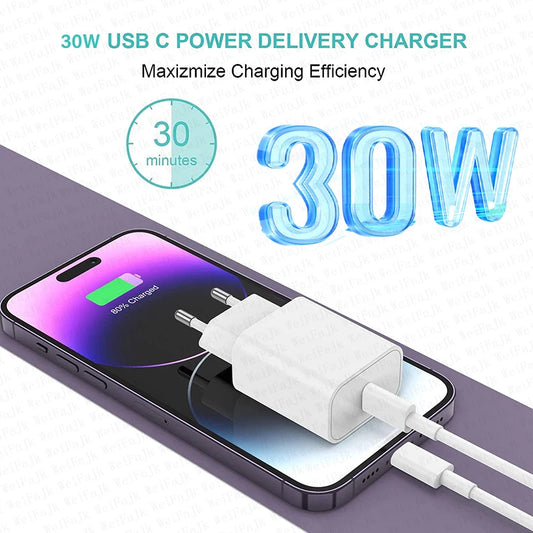 For Apple Original 30W Quick Charger For iPhone 11 12 13 14 15 16 Pro Max XR XS X 7 8 Plus Fast Charging Type C Lightnings Cable